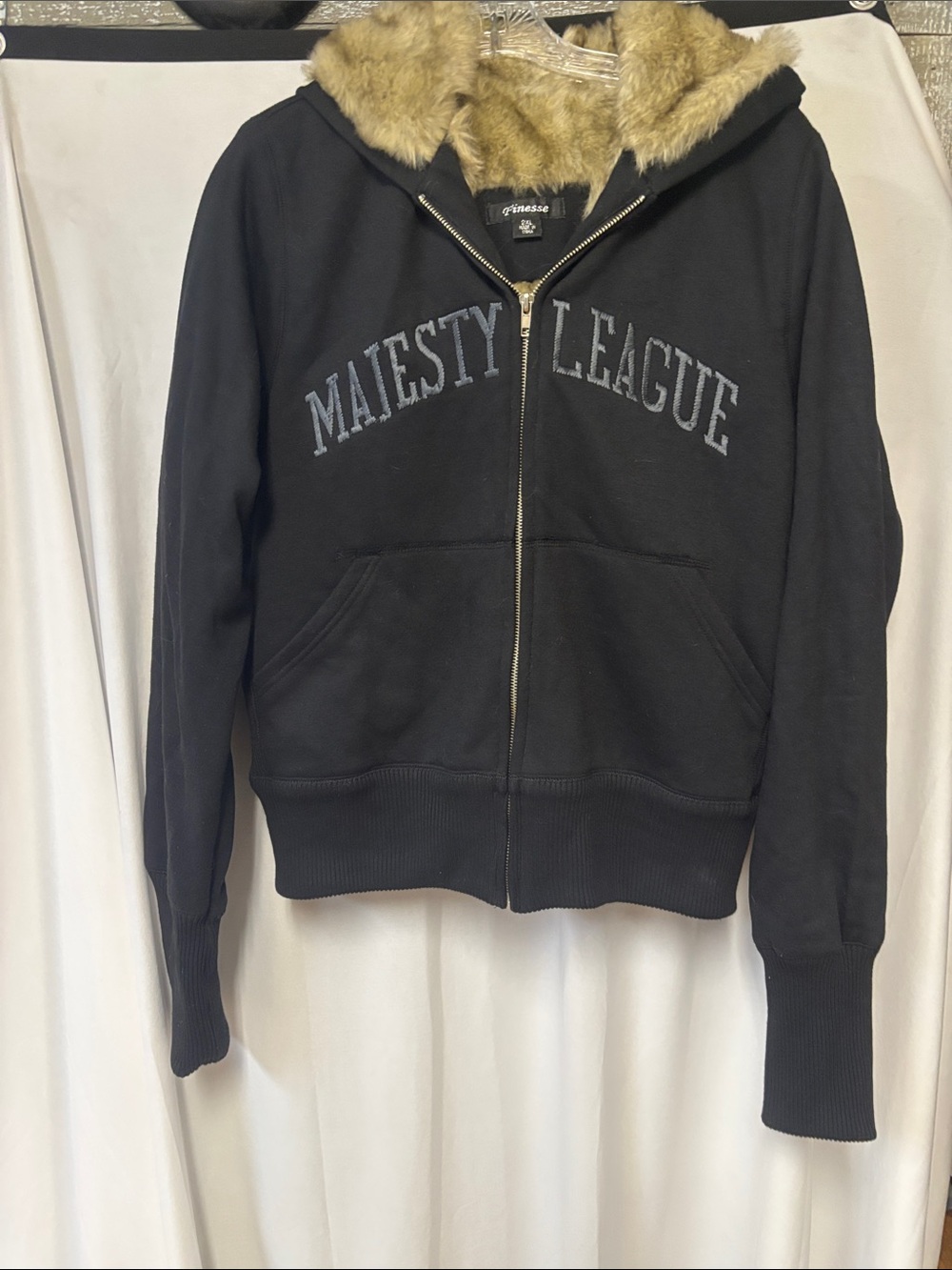 Finesse Majesty League Black Faux Fur Lined Zip Up Hoodie Jacket Y2K Style